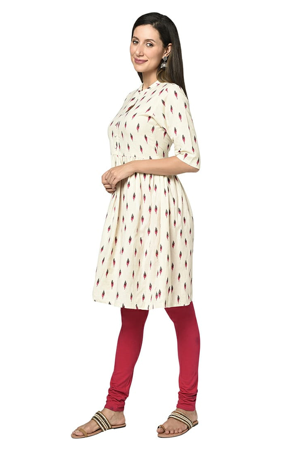 Stylish-and-comfortable-cream-color-Ikkat-cotton-frock-style-kurti
