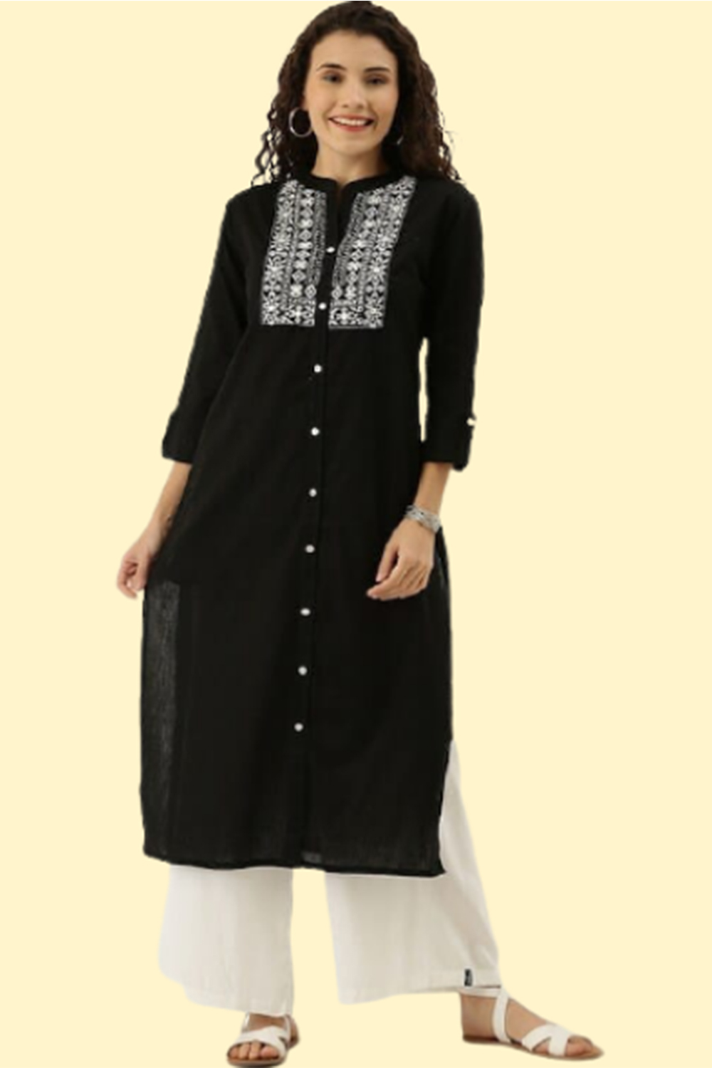 black-straight-kurti-with-white-embroidered-yoke-with-mirrors-and-pocket
